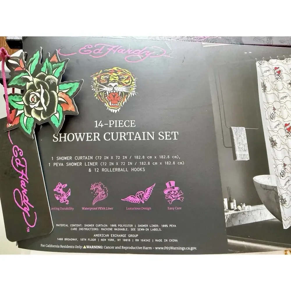 Ed Hardy Bathroom Shower Curtain Set Black Skull & Heart Tattoo Print Artwork